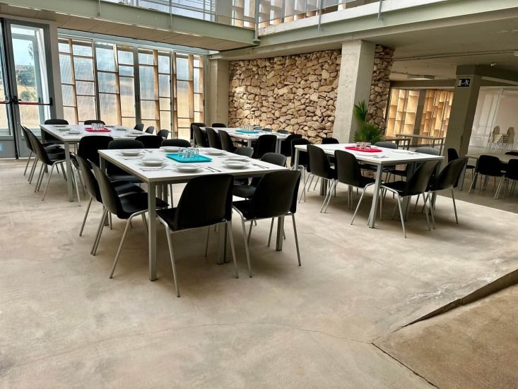 Comedor luminoso con muro de piedra y grandes ventanales